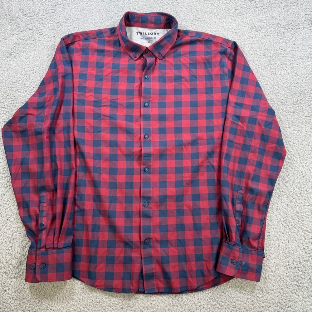 TWILLORY Untuckable‎ Mens Red Navy Plaid Button Down Shirt LXL